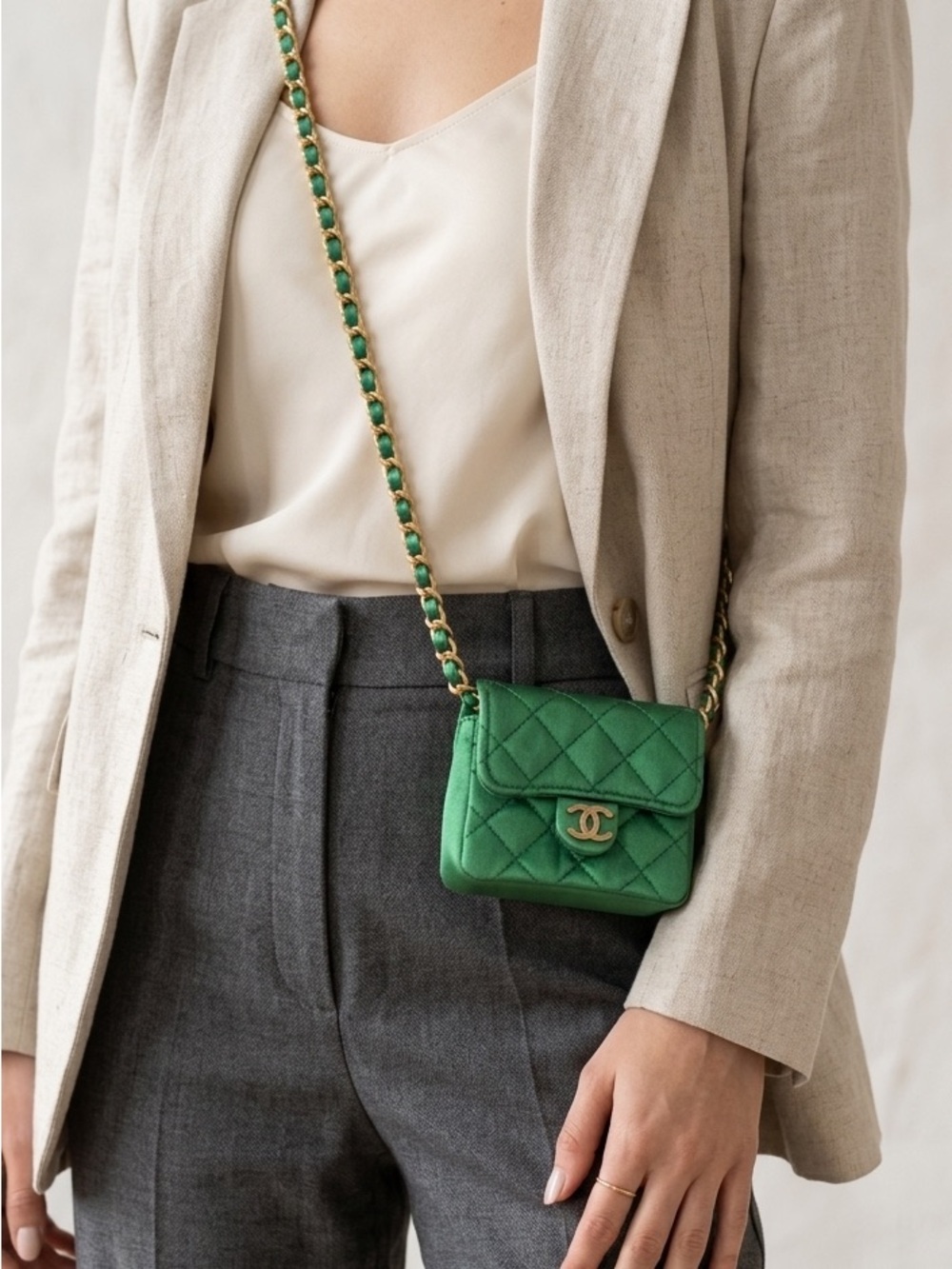 CHANEL Mini Matelasse Chain Shoulder Bag Satin Green